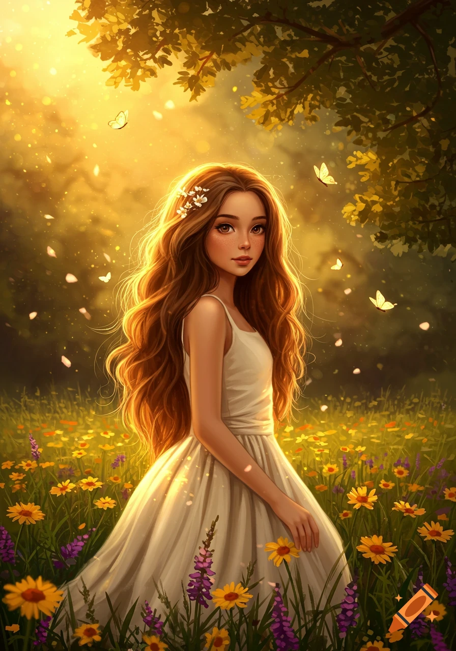 Fantasy illustration of a girl with long brown hair in a white dress, standing in a sunlit field of flowers with butterflies.