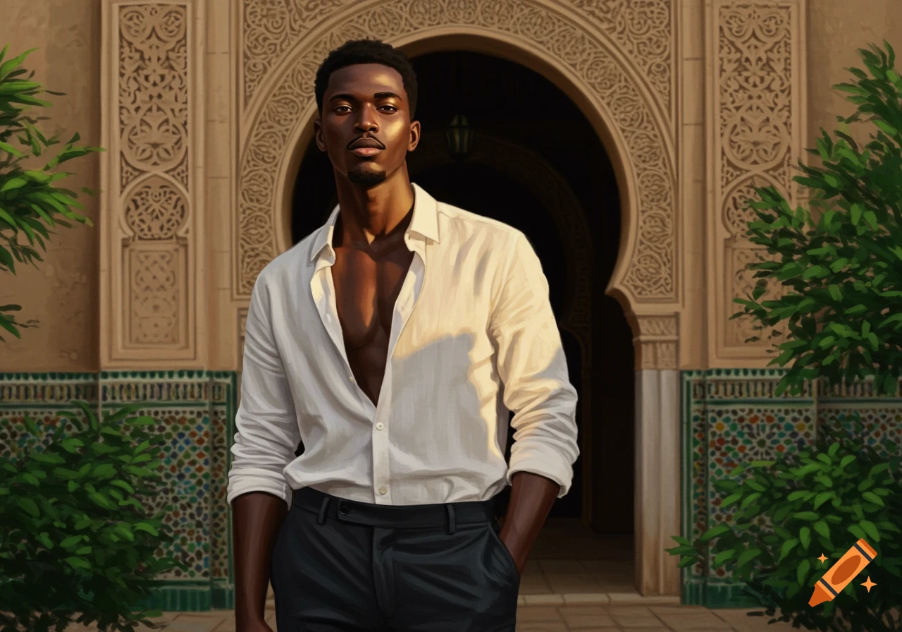 A handsome young Black man in an unbuttoned white shirt and dark trousers stands before ornate Moorish architecture and green plants.