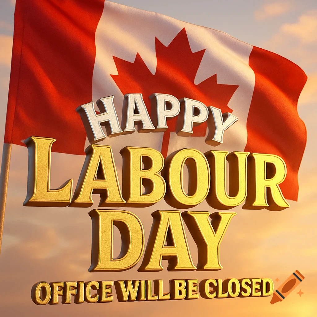 3D render of "Happy Labour Day, office will be closed" text in gold and silver, set against a waving Canadian flag under a golden sky.