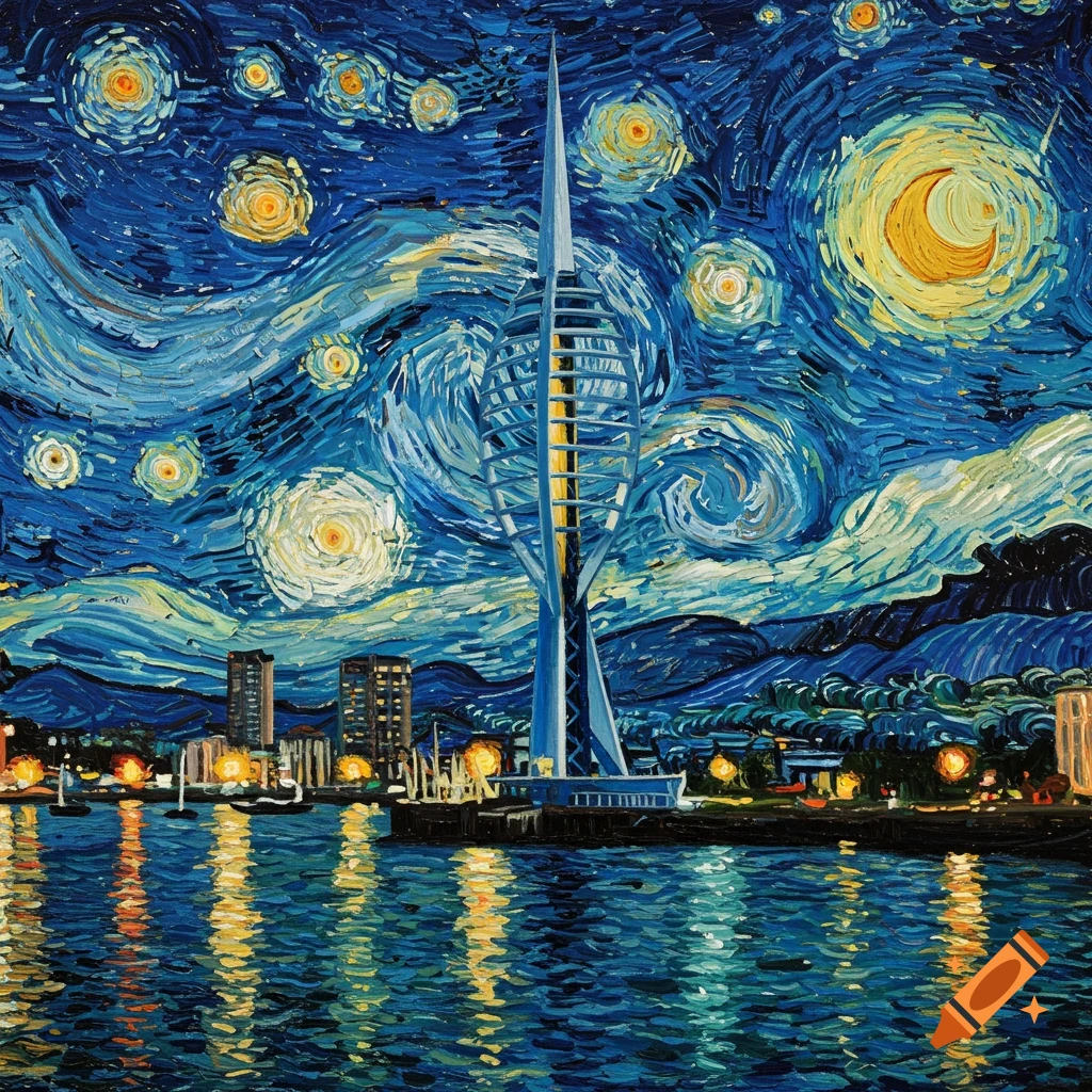 Van Gogh style painting of Spinnaker Tower and Portsmouth skyline at night, with swirling stars and moon, reflected in water.