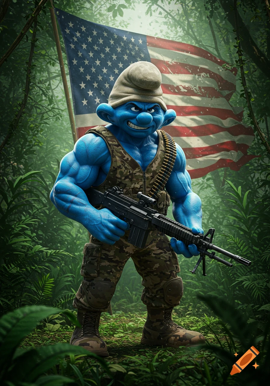 A muscular blue Smurf-like character in camouflage holds a machine gun in a jungle, with an American flag in the background.