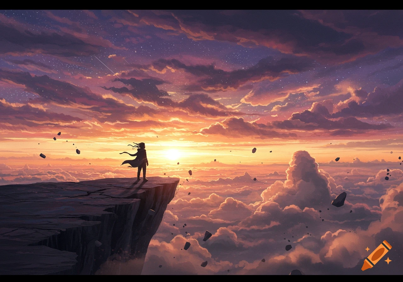 A lone figure stands on a cliff edge, overlooking a beautiful sunset sky filled with clouds and floating rocks, in an anime-inspired art style.