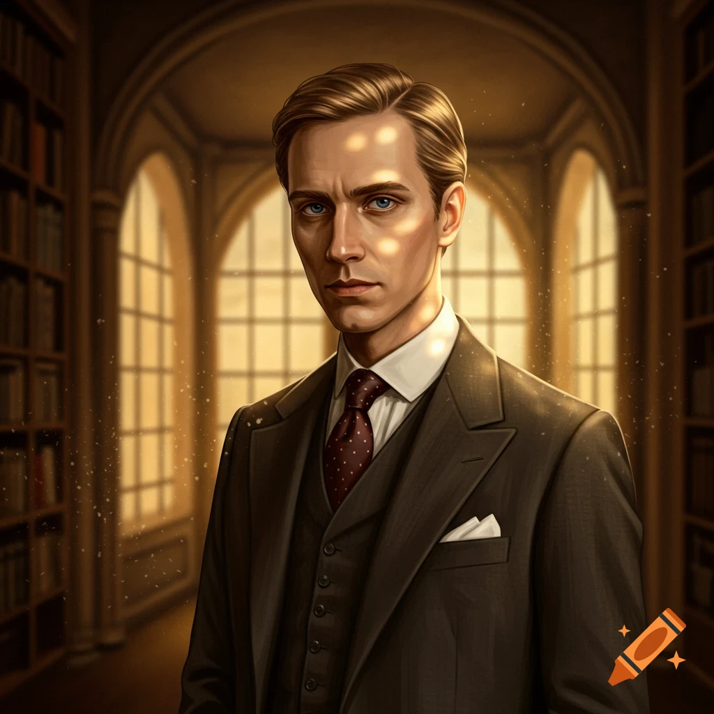 Formal portrait illustration of a man in a dark suit standing in a sunlit library with arched windows.