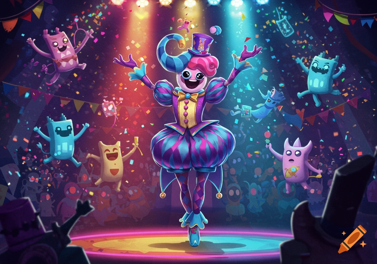 A colorful cartoon clown in a harlequin outfit dances on stage, surrounded by confetti and whimsical monster characters in a vibrant circus.