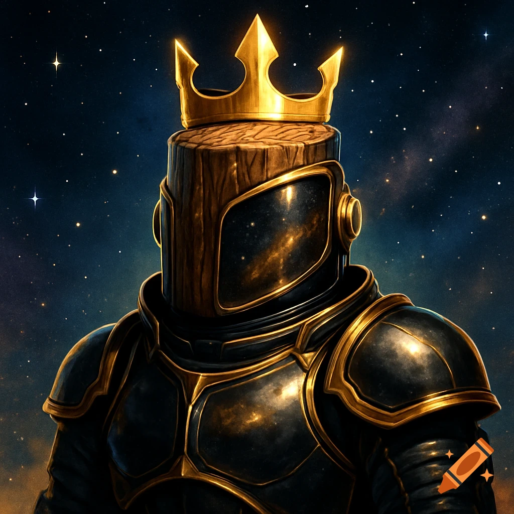 A log-headed character in black and gold heavy armor with a golden crown stands against a starry cosmic background.
