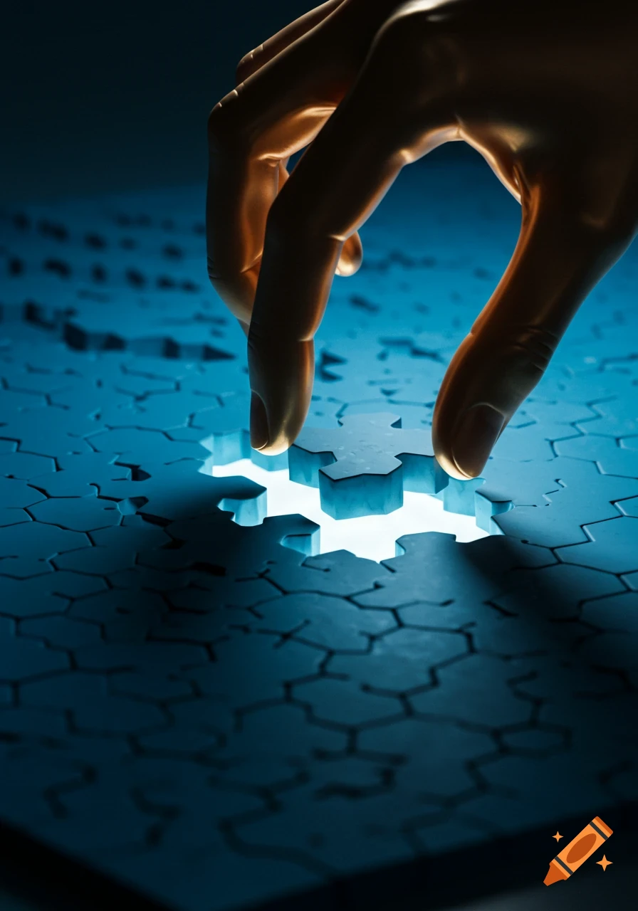 A brass-colored hand places a glowing hexagonal puzzle piece into a blue hexagonal puzzle surface.