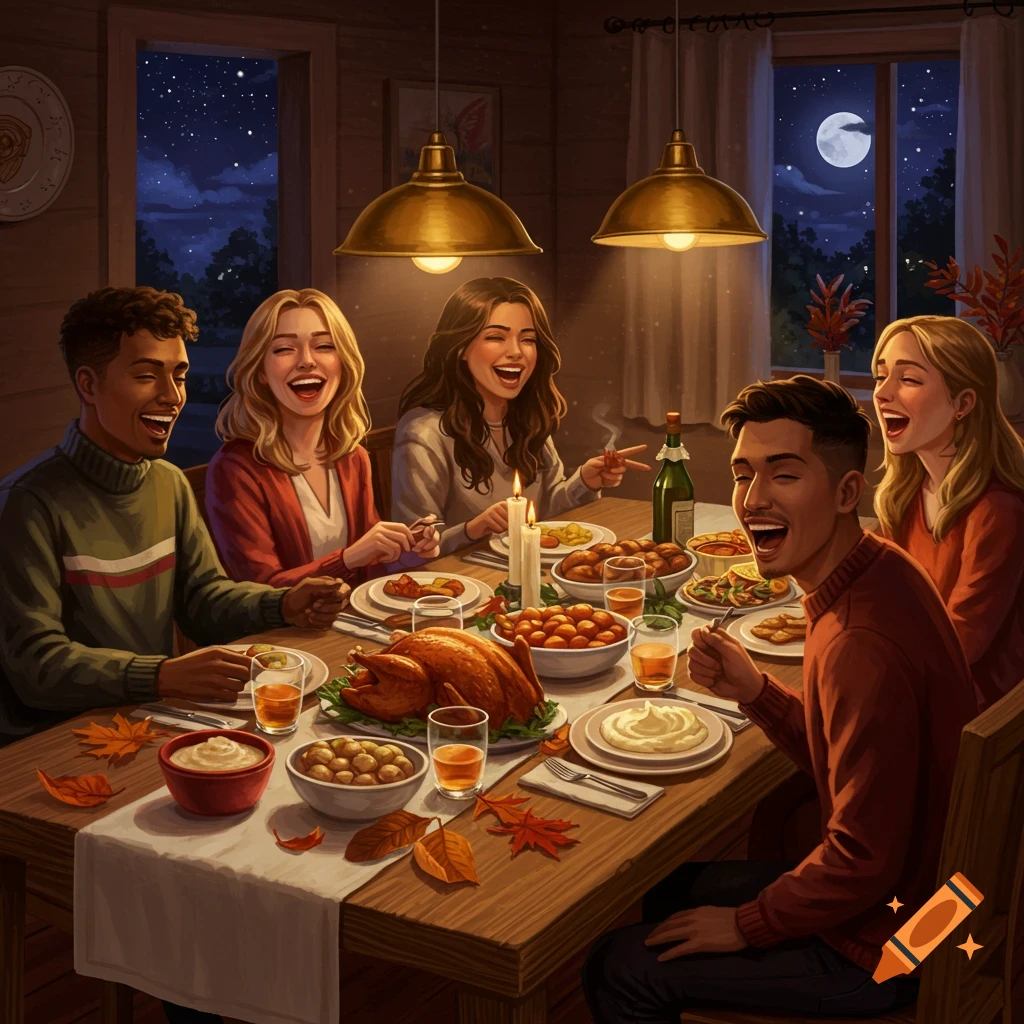 A diverse group of friends laugh and eat a festive meal around a table in a cozy, warmly lit dining room at night.