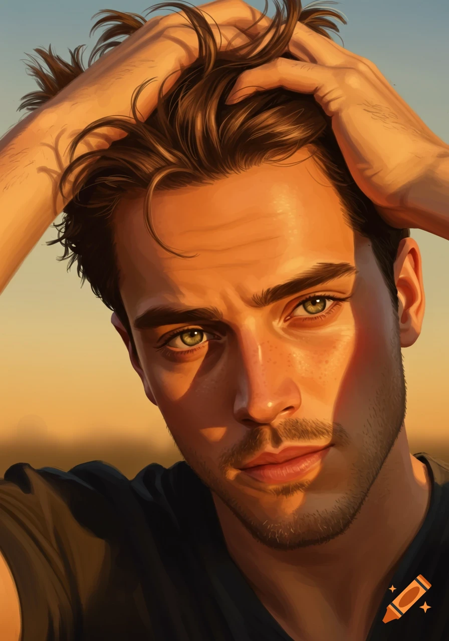 A close-up portrait of a man with green eyes and a beard, hands running through his brown hair, bathed in warm, golden light.