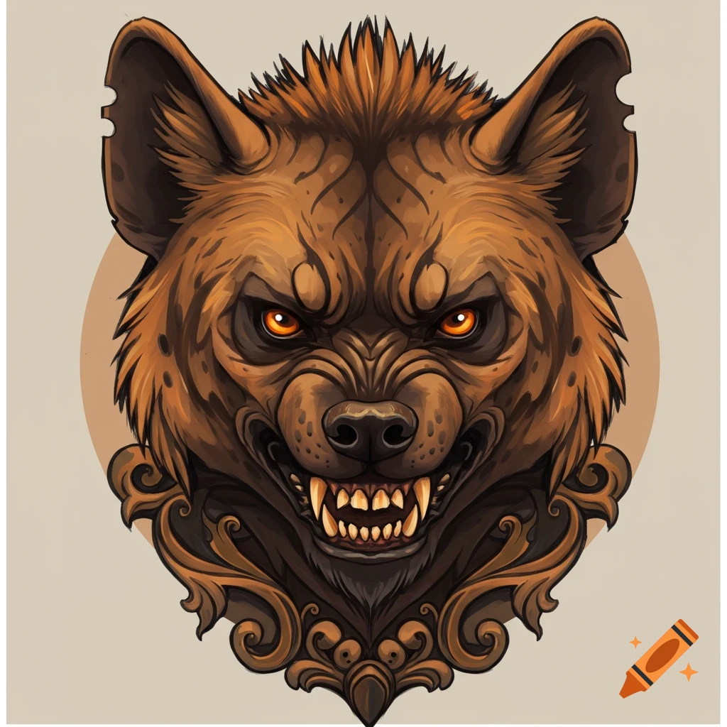 A fierce, snarling hyena head with glowing orange eyes, stylized in neo-traditional tattoo art with ornate brown scrollwork.