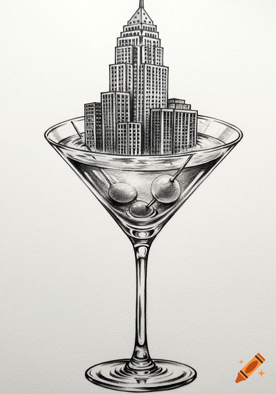 A detailed black and white sketch showing a New York City skyline, including a tall, stepped skyscraper, inside a martini glass with olives.