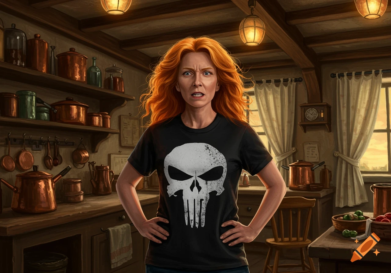 A red-haired woman with an angry expression, wearing a black Punisher t-shirt, stands in a rustic kitchen. Digital painting.