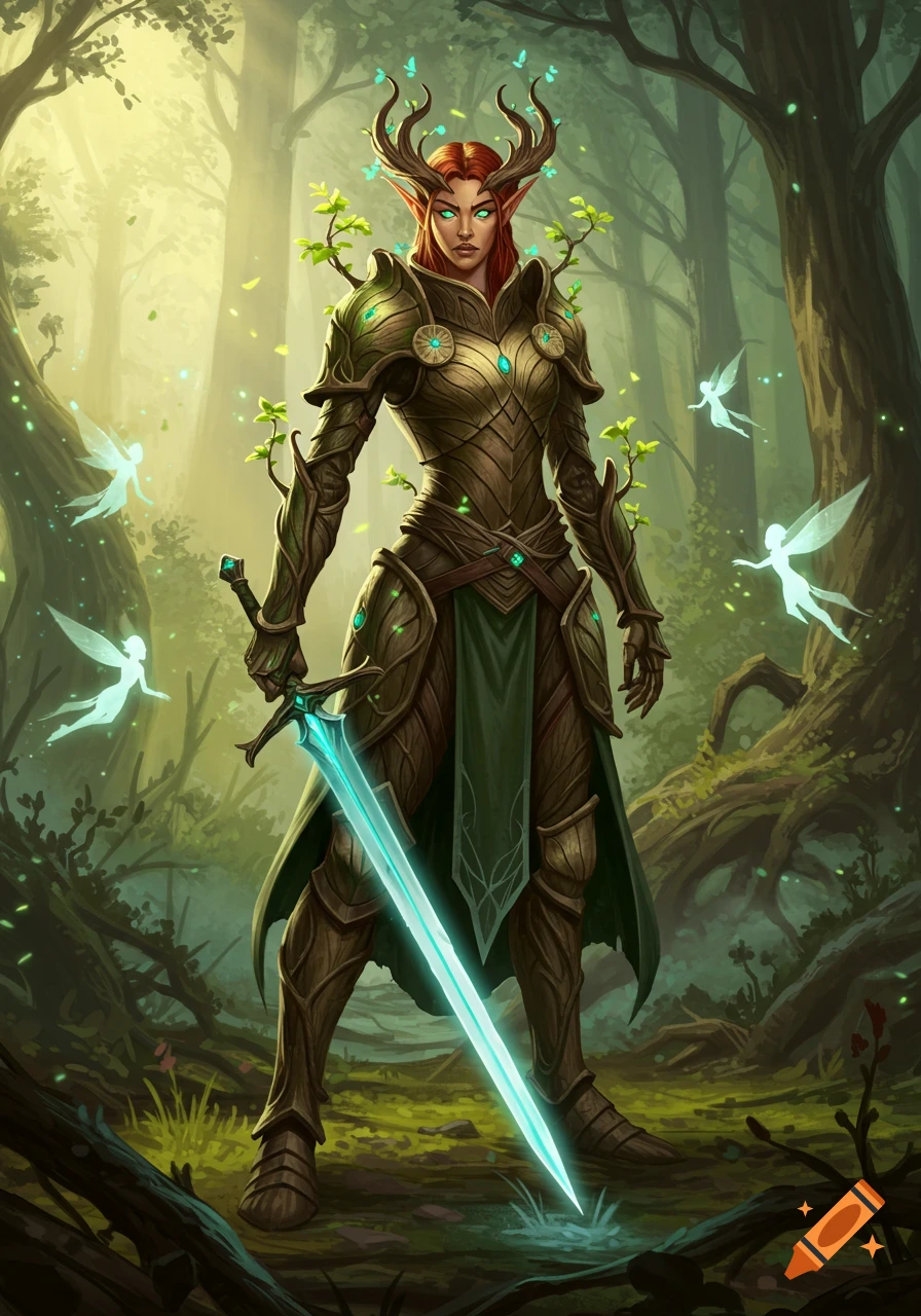Female wood elf paladin with antlers, glowing eyes, and leaf armor, holding a glowing sword in an enchanted forest with fairies.