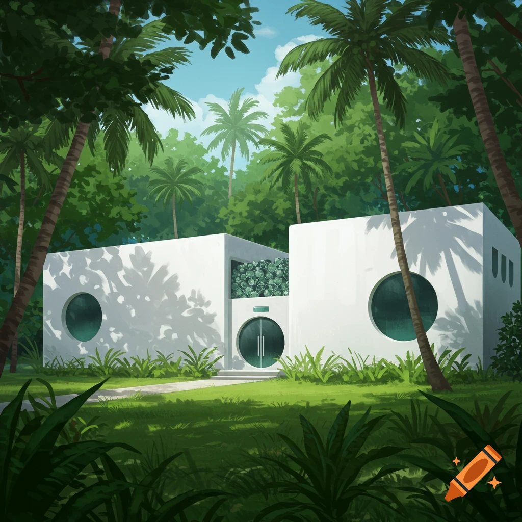 An illustrated modern white building with circular windows and a circular door, nestled amidst dense tropical greenery and palm trees.