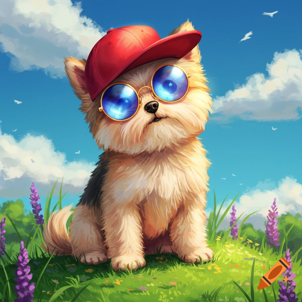 Cute fluffy dog in a red cap and blue sunglasses, sitting in a field of green grass and purple flowers under a blue sky.