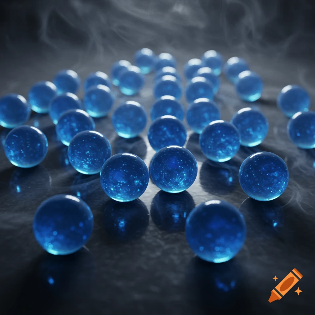 Numerous glowing blue marbles are scattered across a dark, reflective surface, with subtle smoke in the background.