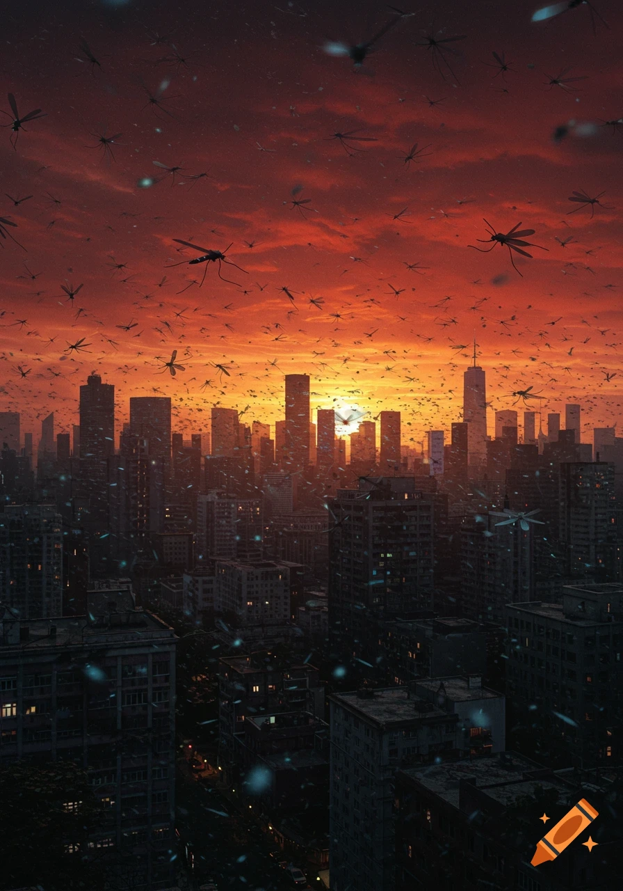 A photorealistic city skyline at a fiery orange sunset, completely overrun by a massive swarm of mosquitoes filling the sky.