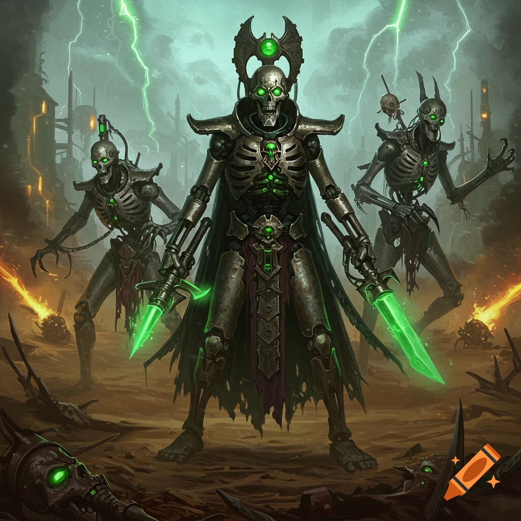 Three skeletal Necron warriors, one with glowing green blades, stand on a stormy, desolate battlefield with lightning. Dark digital art.