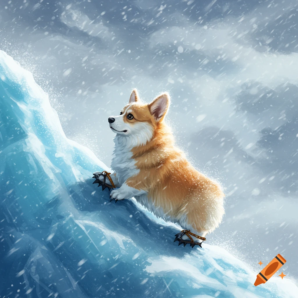 A fluffy corgi dog with crampons on its paws climbs a snowy, icy glacier during a blizzard.