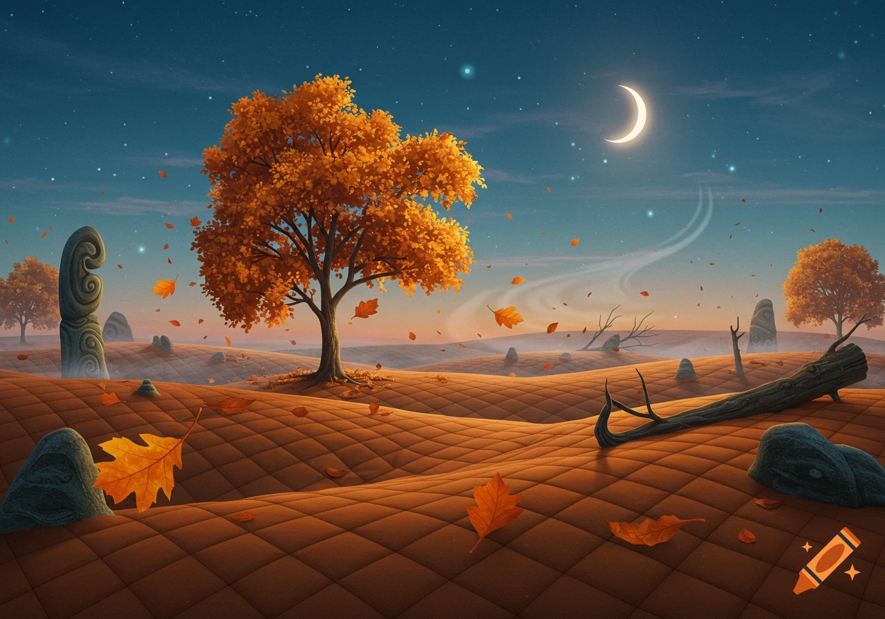 A surreal autumn landscape at night with a prominent orange tree, falling leaves, a crescent moon, and patterned ground.