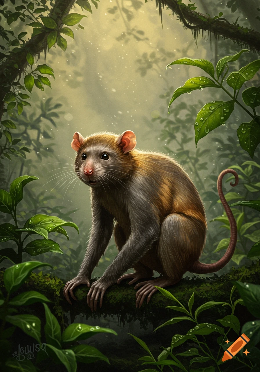 A fantastical rat-monkey creature with large ears and a long, curled tail sits on a mossy branch in a lush, misty jungle.