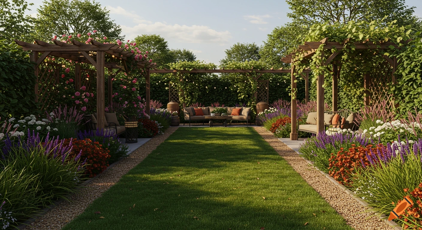 A beautiful, long rectangular garden with a central lawn, flanked by flower beds, gravel paths, and wooden pergolas with climbing plants, featuring a seating area.