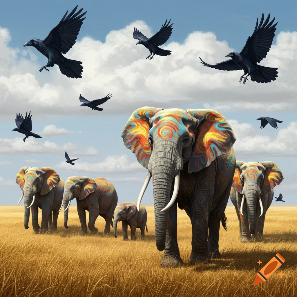 Painted elephants with colorful swirls walk through golden savanna grass under a blue sky, with black crows flying above.