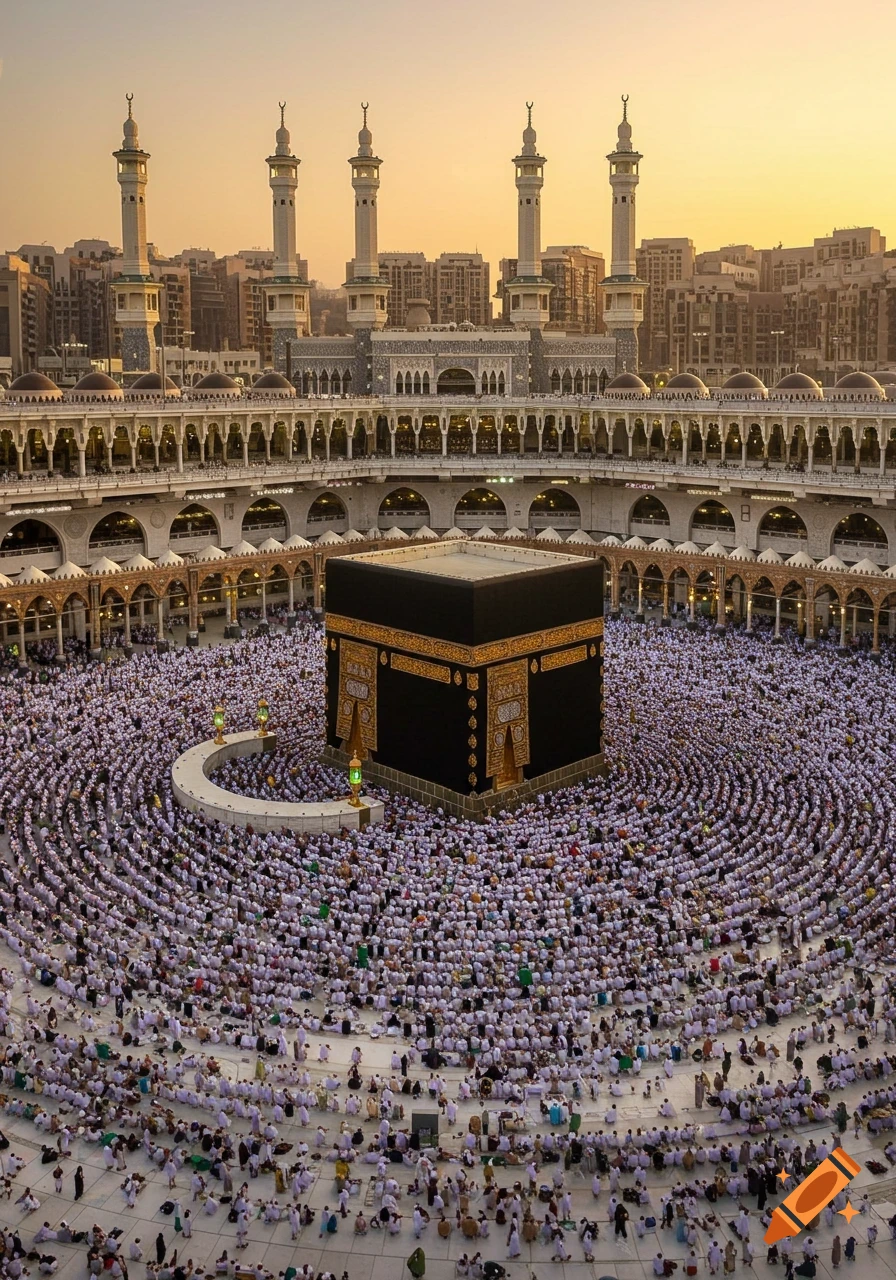 An aerial view of the Kaaba at the Grand Mosque in Mecca, Saudi Arabia, during sunset, surrounded by countless pilgrims.