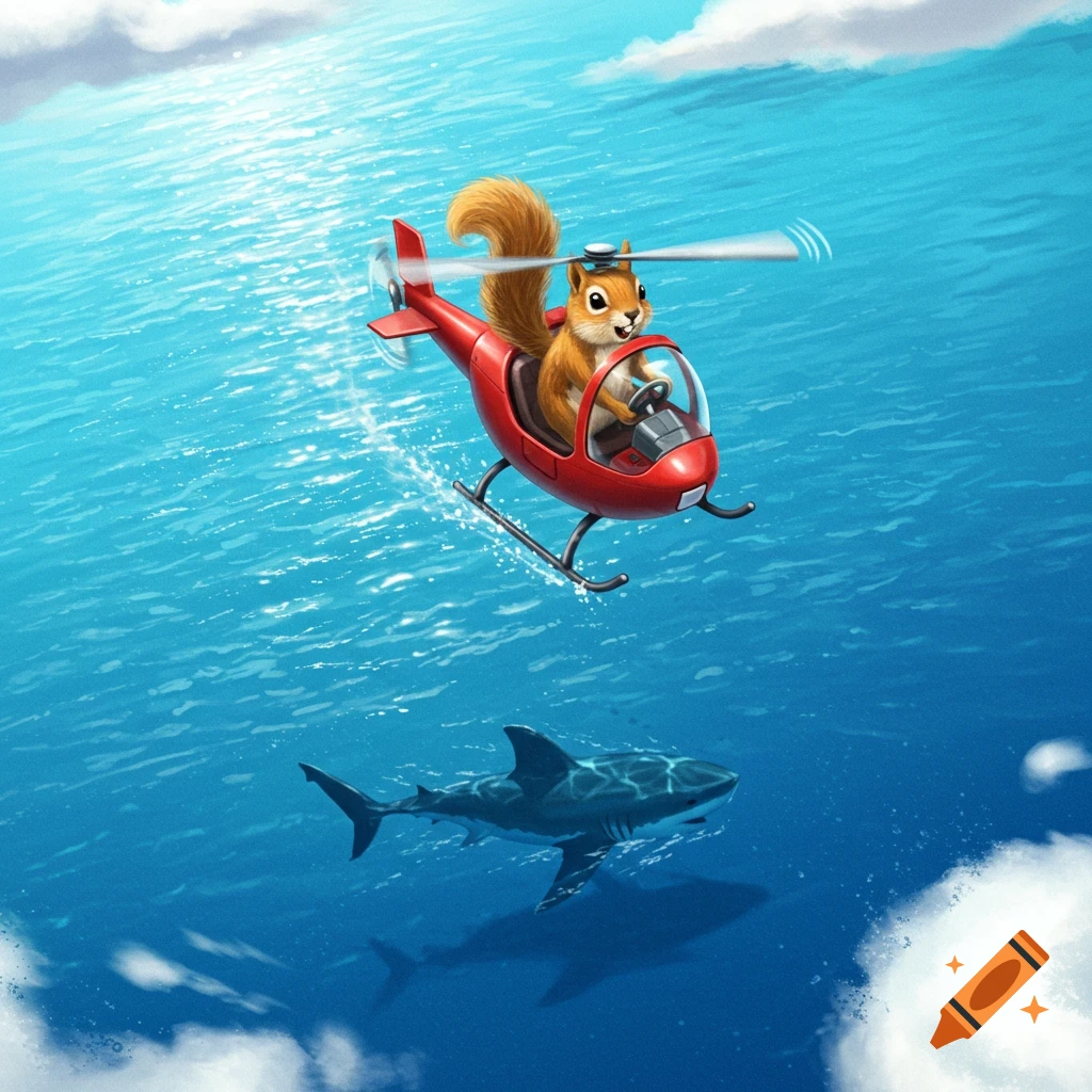 A cheerful cartoon squirrel pilots a red helicopter over a shark swimming in a blue ocean, with clouds above.