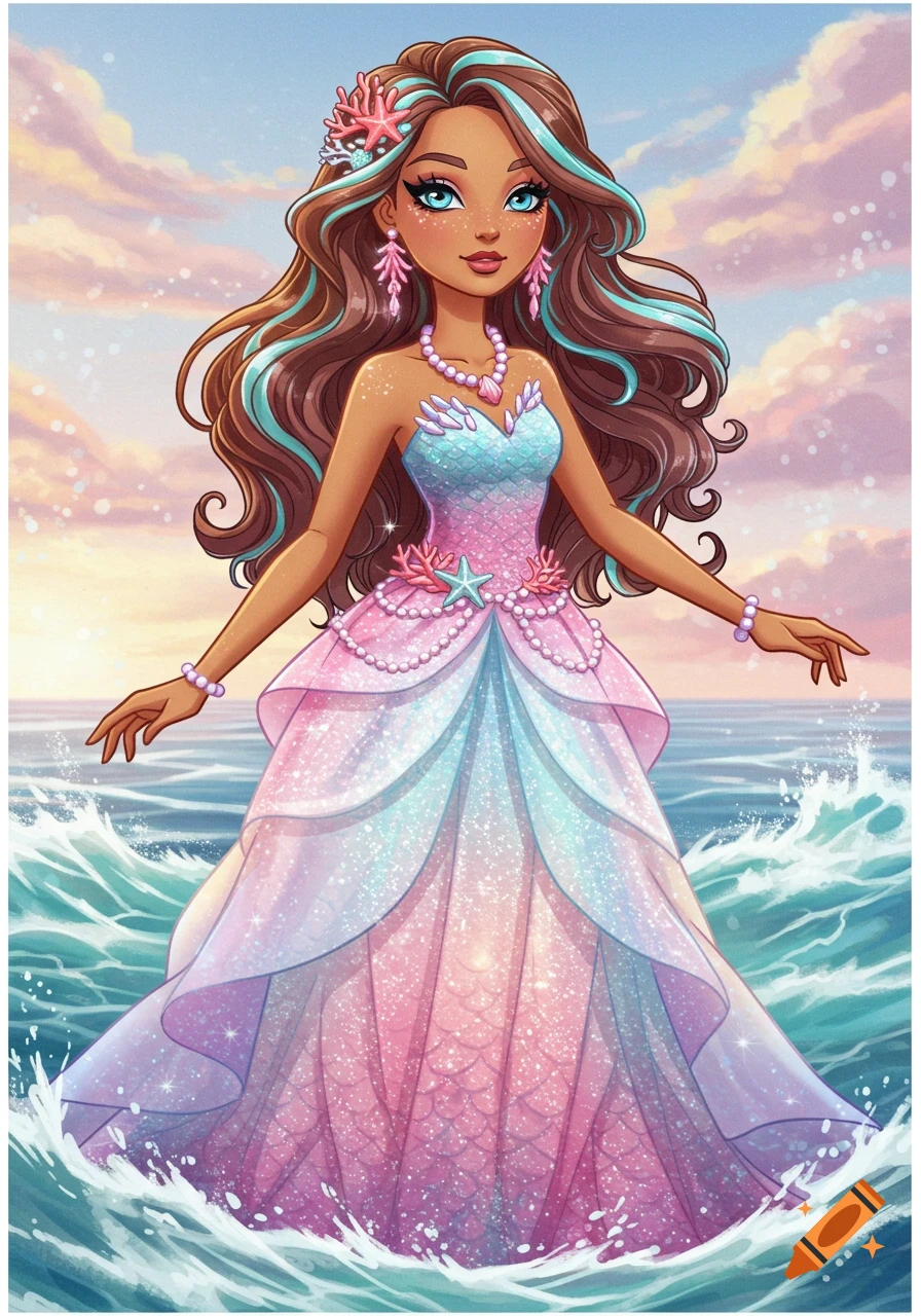 Colorful cartoon illustration of a mermaid princess with brown hair and aqua streaks in a glittery pink and blue dress, standing in the ocean.