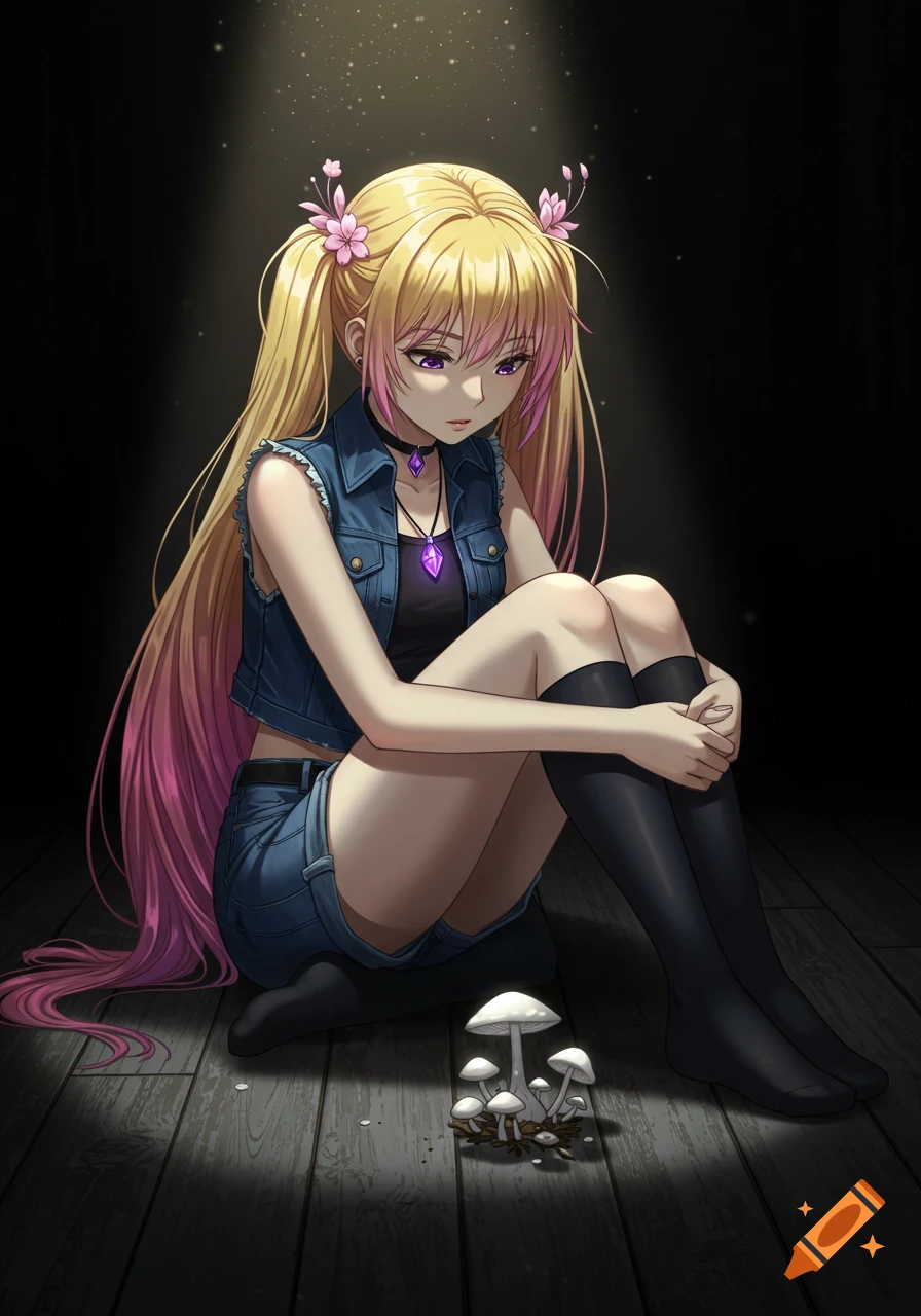 Anime girl with blonde and pink hair, denim vest, and shorts sitting in a spotlight, looking at mushrooms on a wooden floor.