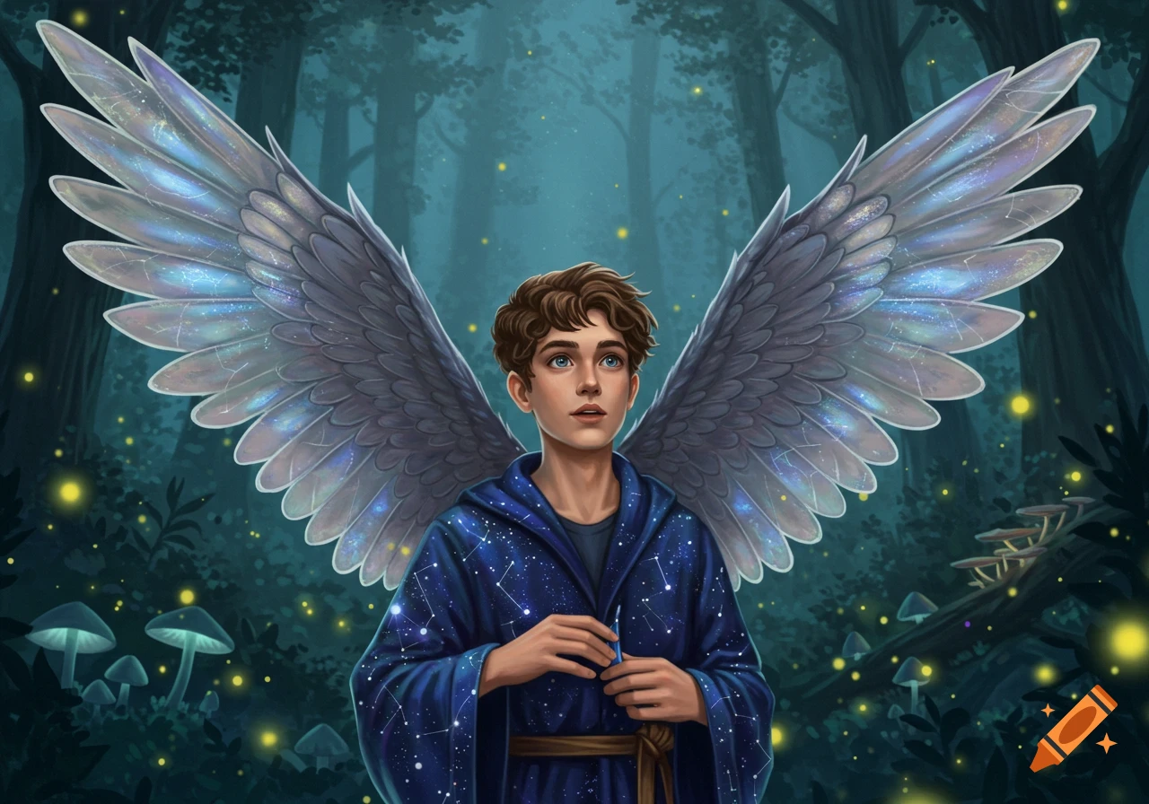 A young wizard with large iridescent wings and a starry blue robe stands in an enchanted forest, looking upwards.