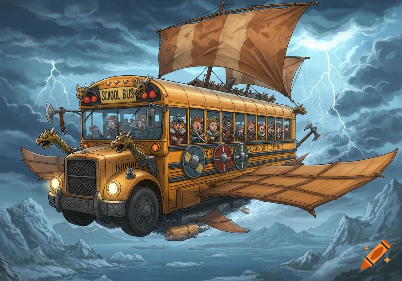 A cartoon yellow school bus modified with Viking sails, dragon heads, and axes flies through a stormy sky with cheering children inside.