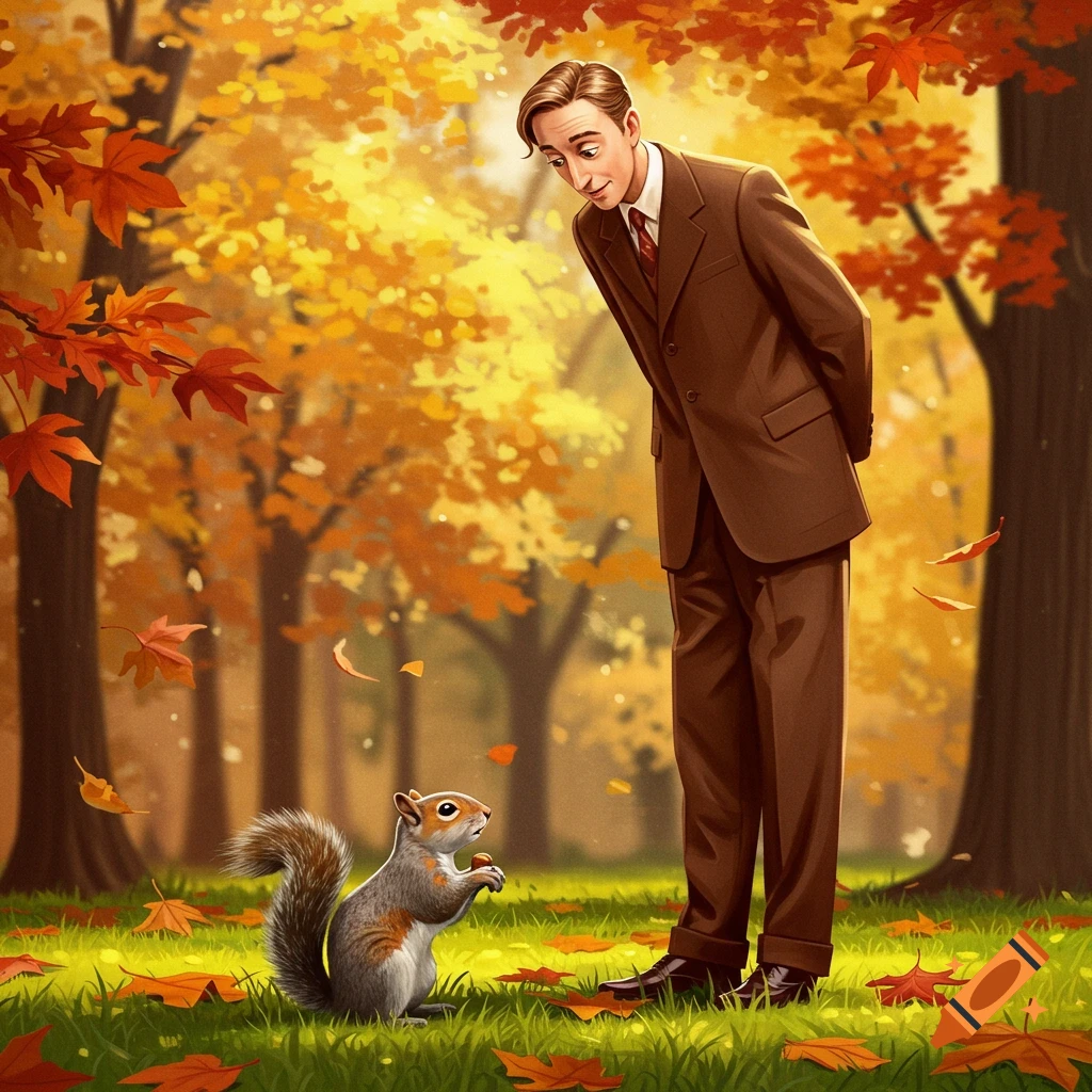 A man in a brown suit looks down at a gray squirrel holding a nut in a vibrant autumn park.