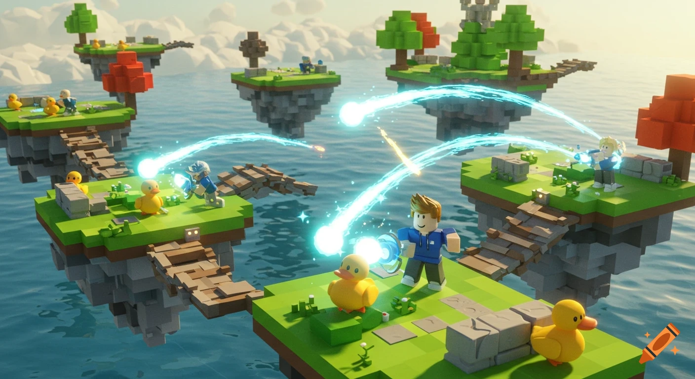 Blocky characters and ducks on floating islands shooting blue orbs in a Roblox-style game world.