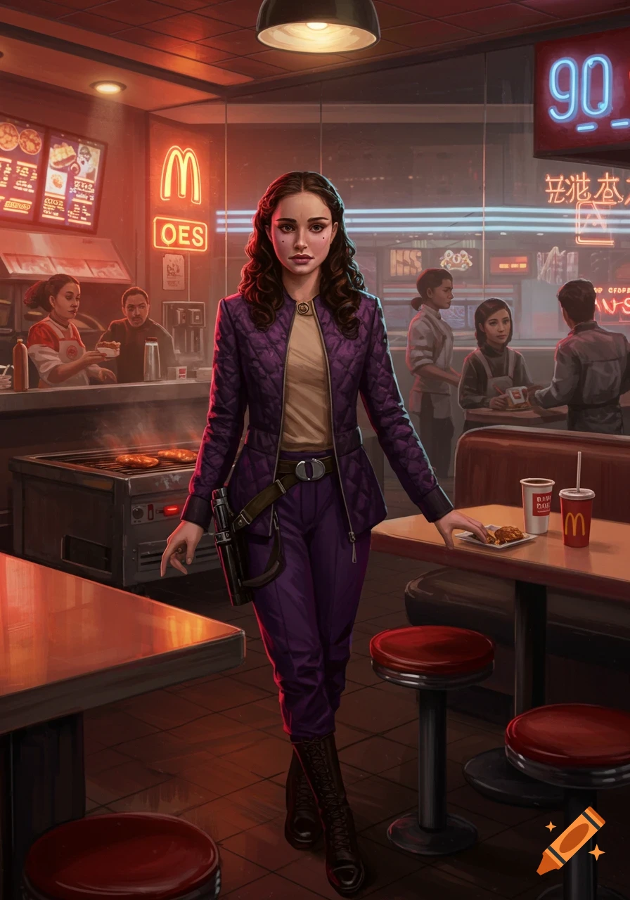 Digital painting of Padmé Amidala in a purple quilted jacket and pants, walking through a retro-futuristic fast food restaurant with neon signs.