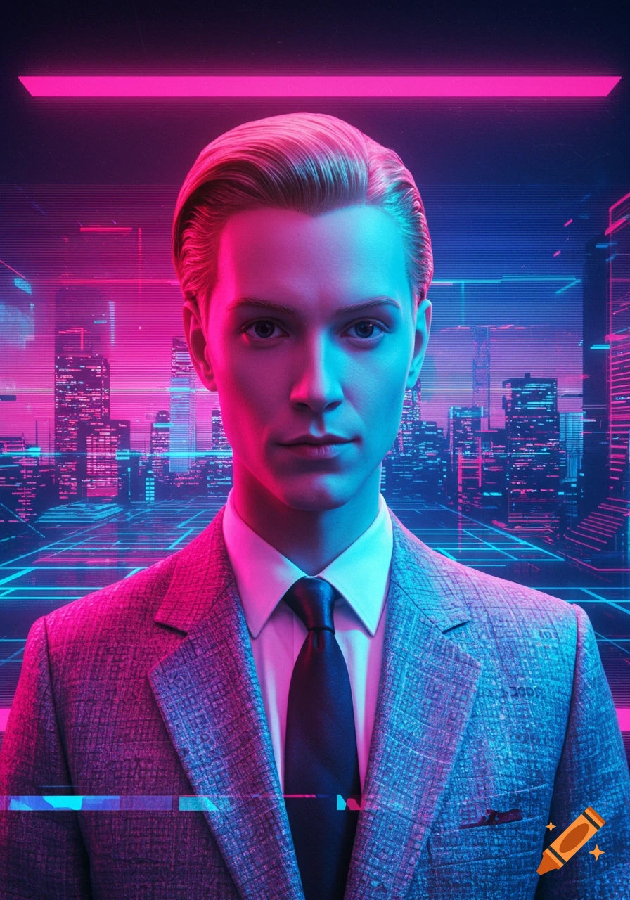 A photorealistic portrait of a man with slicked-back blonde hair in a suit, illuminated by neon pink and blue light, against a glitchy cyberpunk city background.