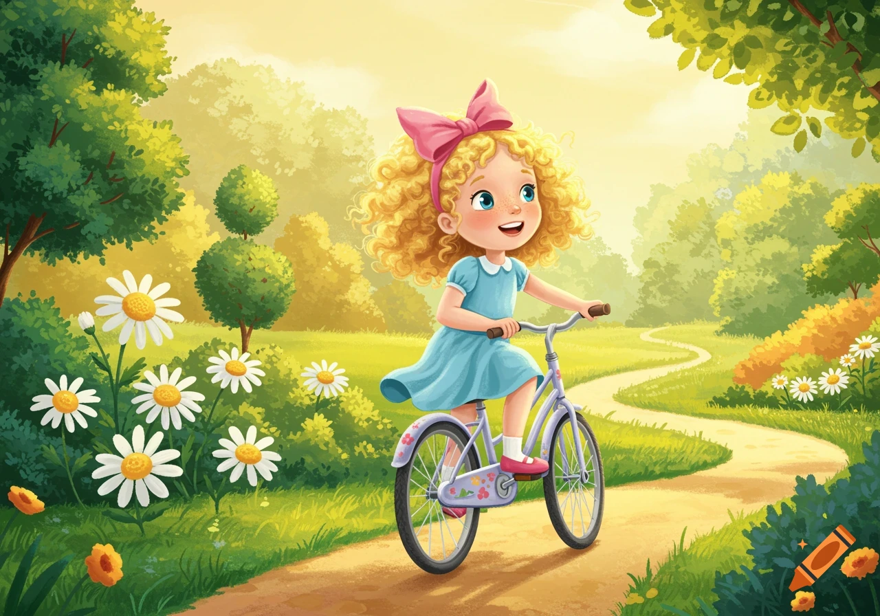 A happy cartoon girl with curly blonde hair and a pink bow rides a bicycle down a sunny park path lined with trees and daisies.
