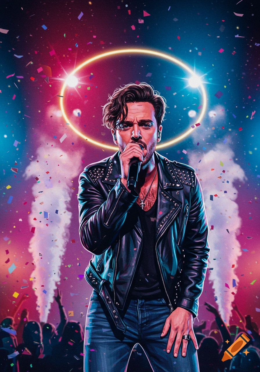 Stylized illustration of a male singer in a leather jacket performing on stage, with confetti falling and bright stage lights.