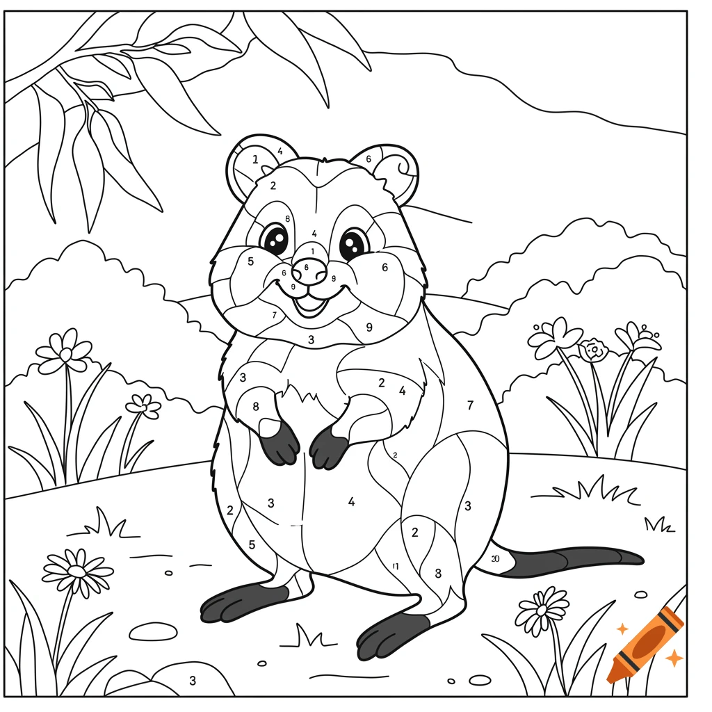Black and white coloring page of a quokka in a natural setting, segmented with numbers for paint by numbers.