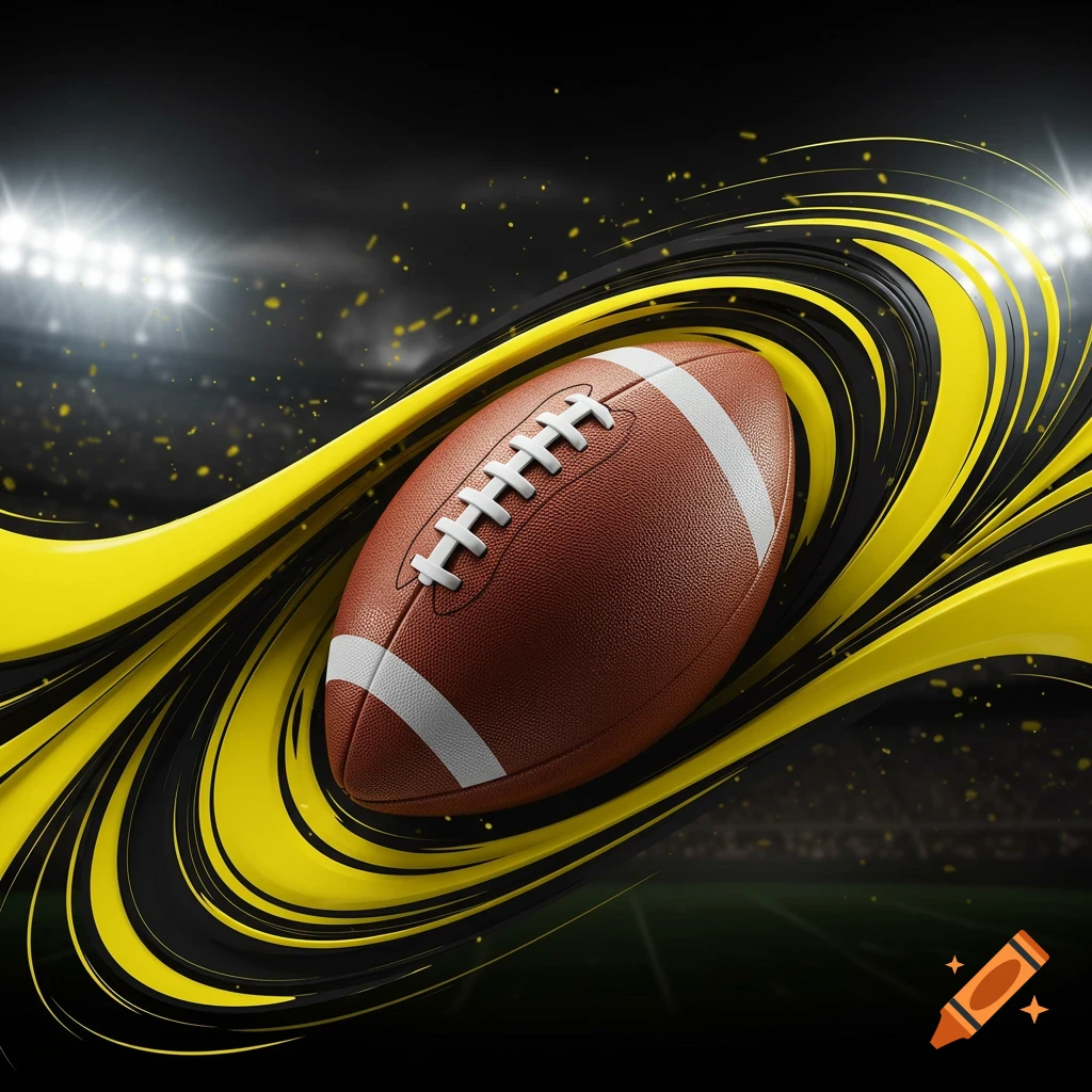 An American football floats in front of a dark stadium background with bright lights, surrounded by dynamic black and yellow swirling lines.