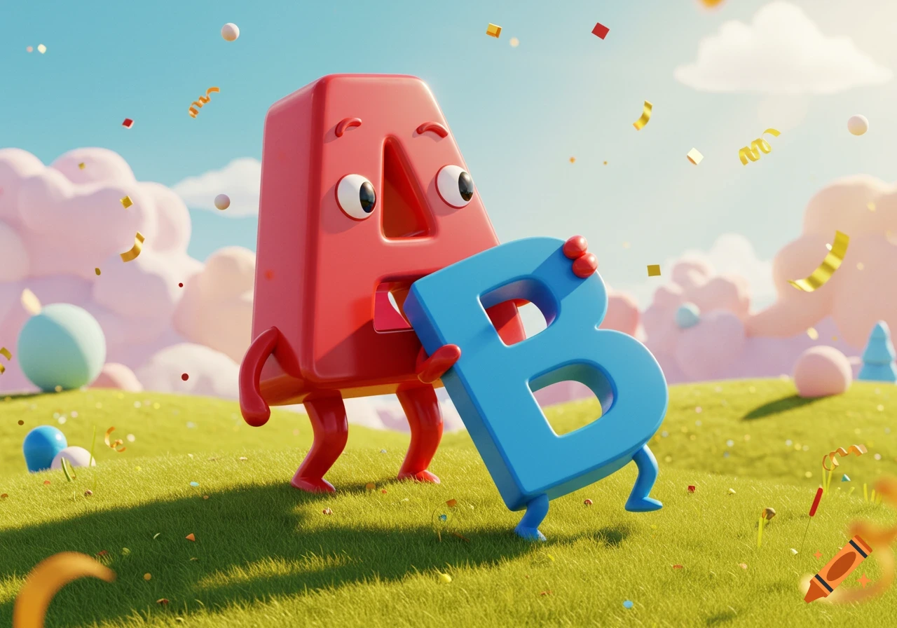 A red cartoon letter A with eyes and legs appears to be eating a blue cartoon letter B, both in a grassy field with confetti.