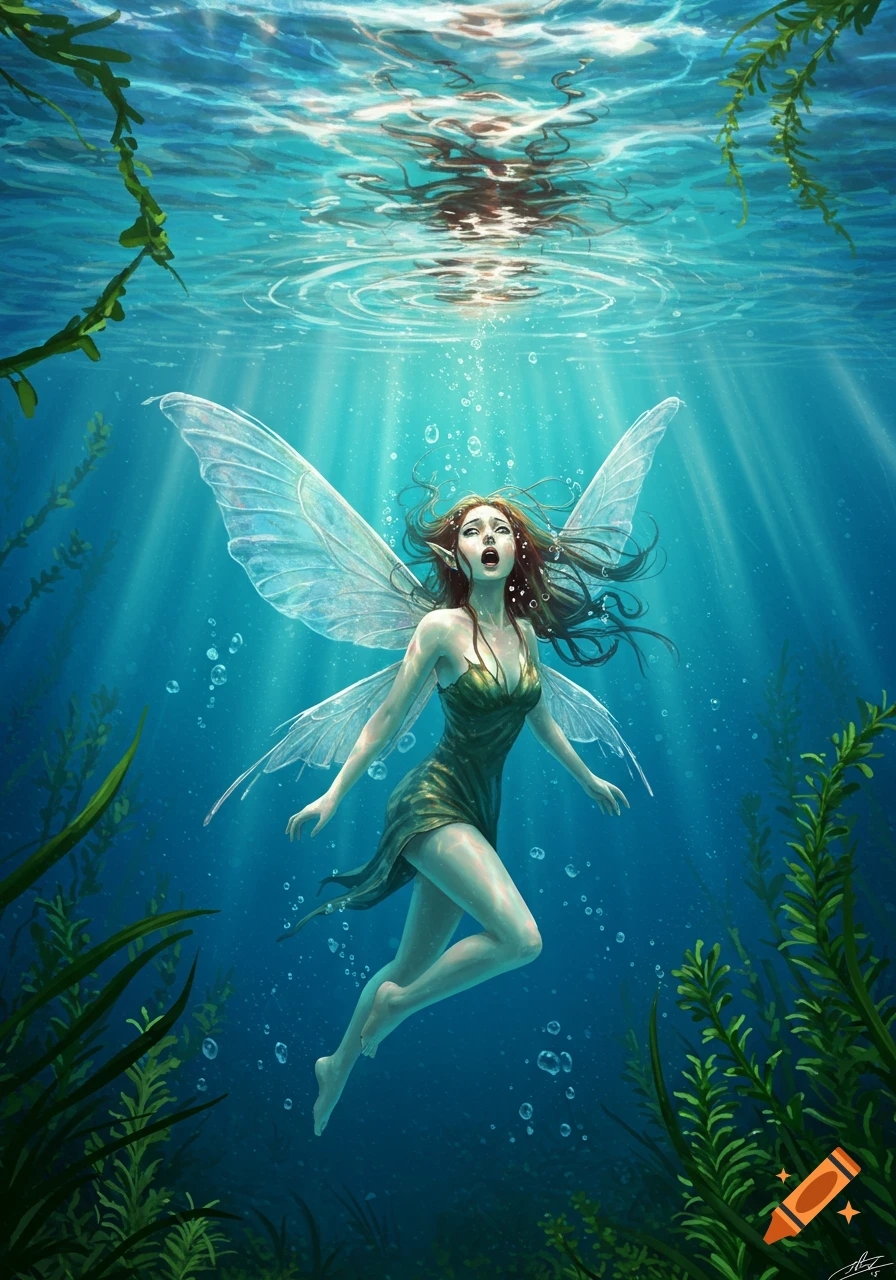 A fantasy illustration of a fairy with transparent wings and a green dress, screaming underwater amidst sunlit blue water, bubbles, and seaweed.