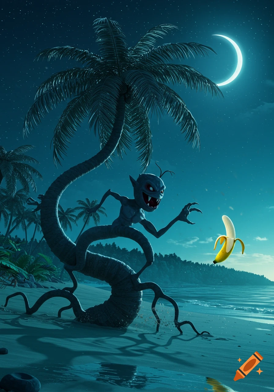 A blue-skinned, red-eyed monster with sharp teeth and a long, winding body sits on a palm tree on a tropical beach at night, reaching for a floating banana under a crescent moon.
