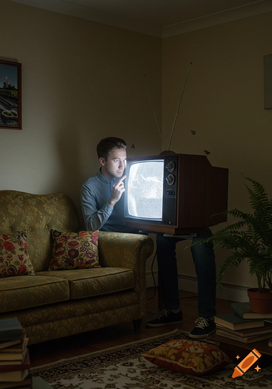 A man sits on a sofa in a dimly lit room, intently watching a vintage television screen displaying bright static.