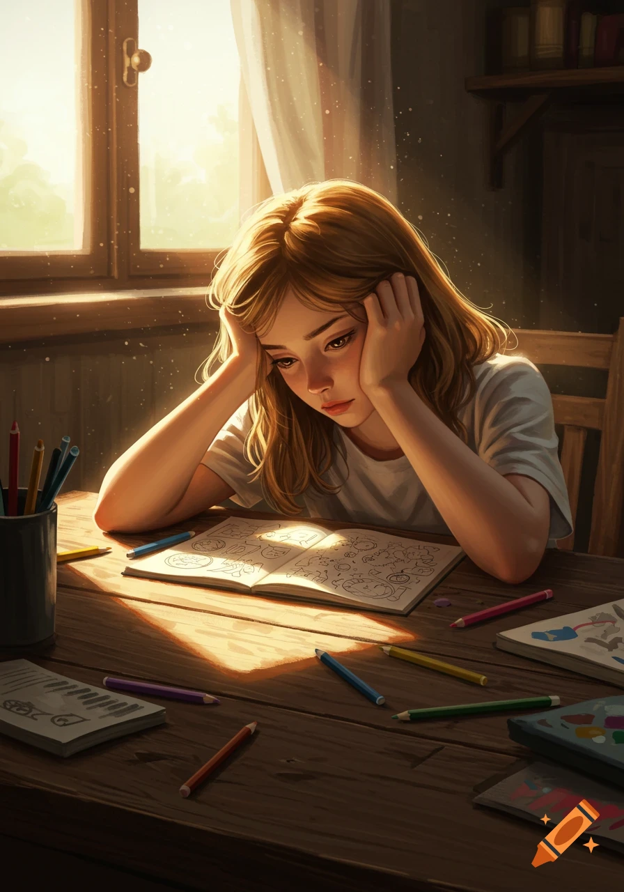 An illustration of a young girl with light brown hair, head in hands, looking down at an open coloring book on a wooden table. Crayons are scattered around her, with sunlight streaming through a window.