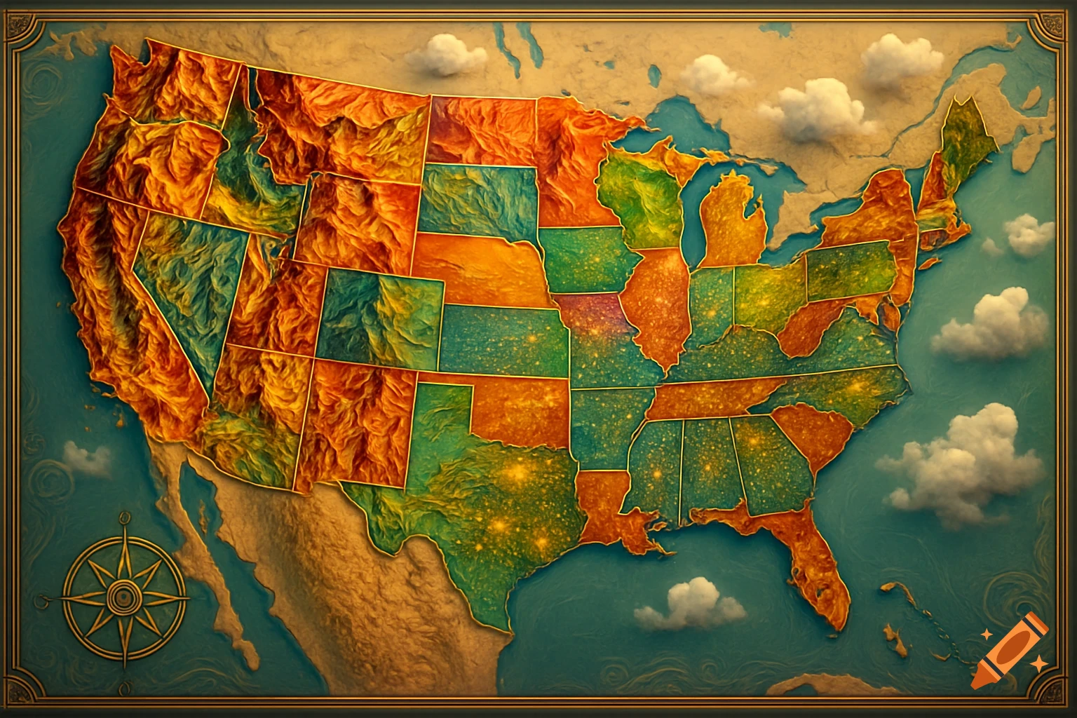A vibrant, textured, and artistic map of the United States with a gold compass rose on a blue sea background.