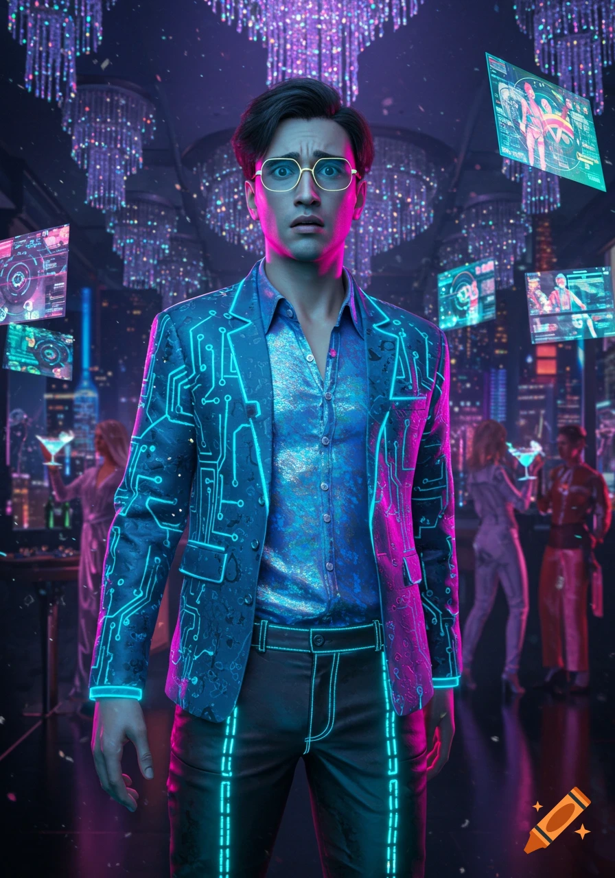 A nervous young man in a neon-blue circuit-patterned suit and gold glasses stands in a vibrant, purple-lit cyberpunk club with floating screens.