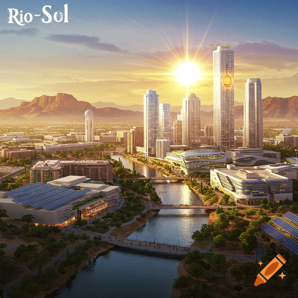 A futuristic desert city with solar-powered skyscrapers, a riverwalk, and mountains under a glowing sun.