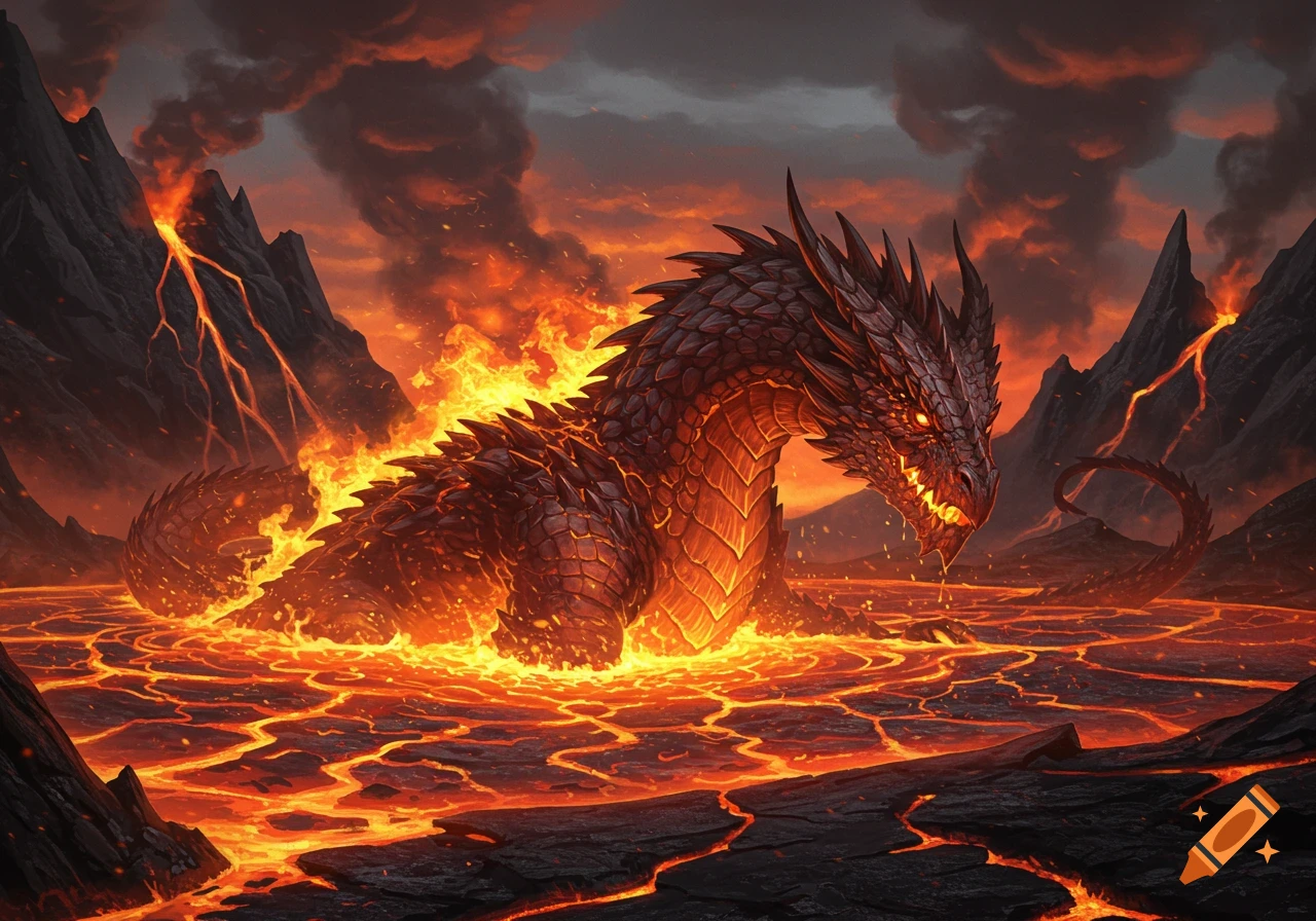 A powerful, dark-scaled dragon is half-submerged in a glowing river of lava, surrounded by fiery volcanic mountains and smoke.
