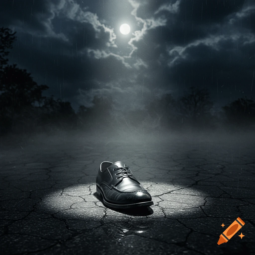 A lone black dress shoe on cracked wet ground, illuminated by a spotlight under a dark, rainy, moonlit night.